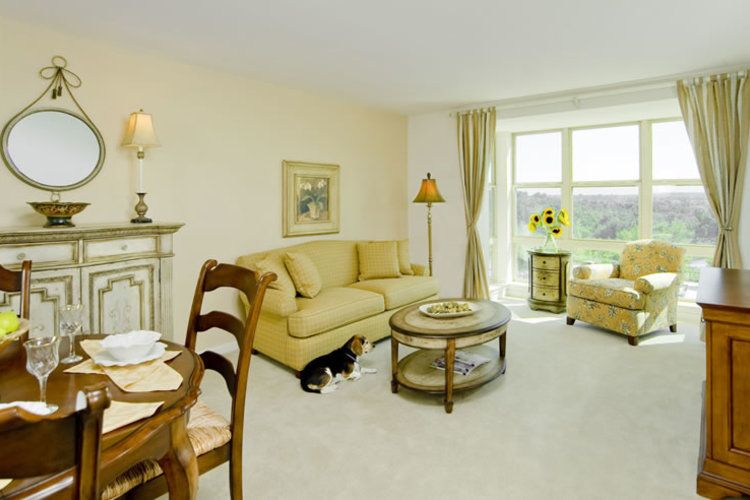 A cozy living room with elegant furnishings and a large window offering a scenic view.