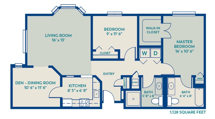 One-bedroom apartment floor plan with living room, kitchen, bathroom, and walk-in closet.
