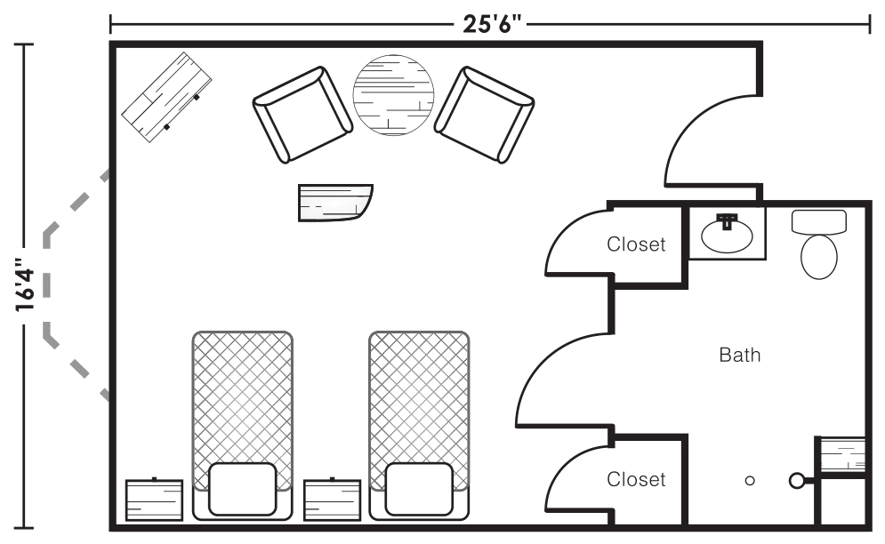 Floor plan of a bedroom with twin beds and closets.