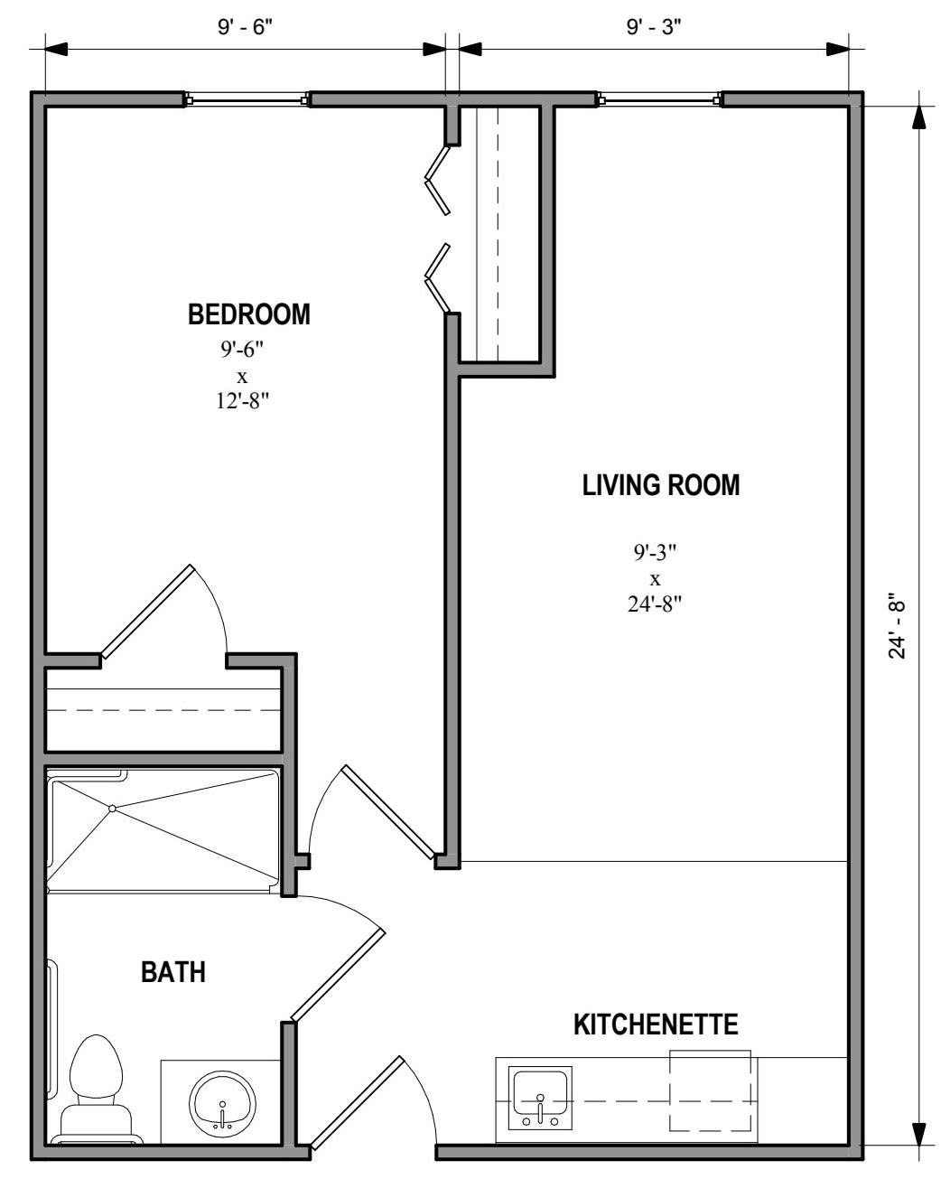 A floor plan depicting the layout of a small apartment with labeled rooms.