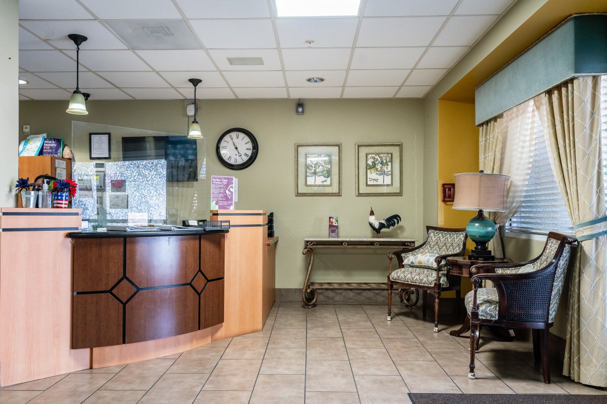A reception area with a counter, chairs, clock, and decorative elements.