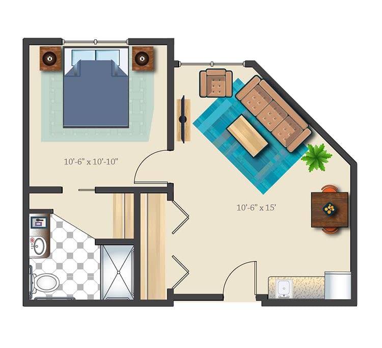 A compact apartment floor plan featuring a living room, bedroom, and bathroom.