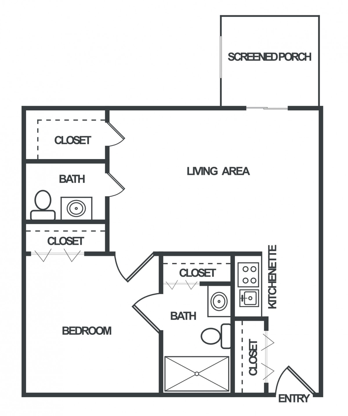Two-bedroom apartment floor plan with living area, kitchenette, bathrooms, closets, and a sunporch.