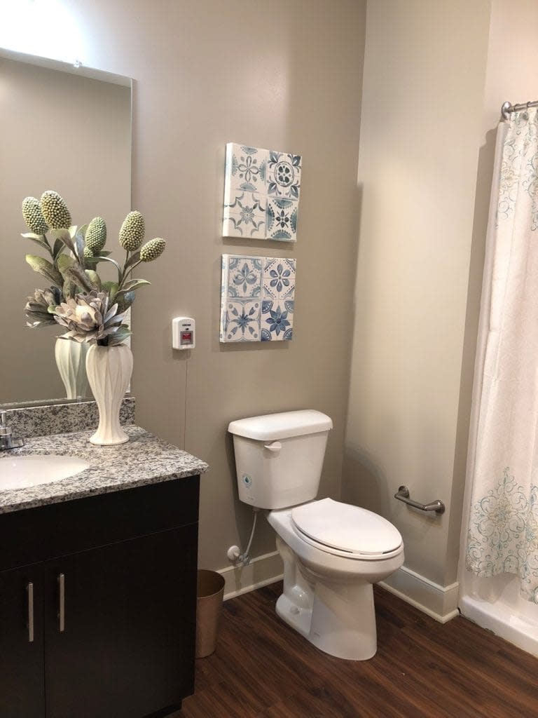 A modern bathroom with elegant decor, featuring a toilet, sink, decorative vase, and shower curtain.