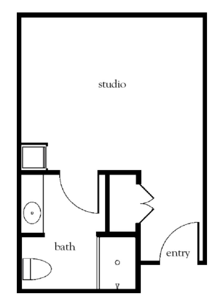 Floor plan of a studio apartment with a bathroom and entry area.