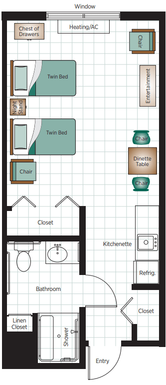 A simple floor plan featuring a bedroom with a twin bed, kitchenette, closet, and bathroom.