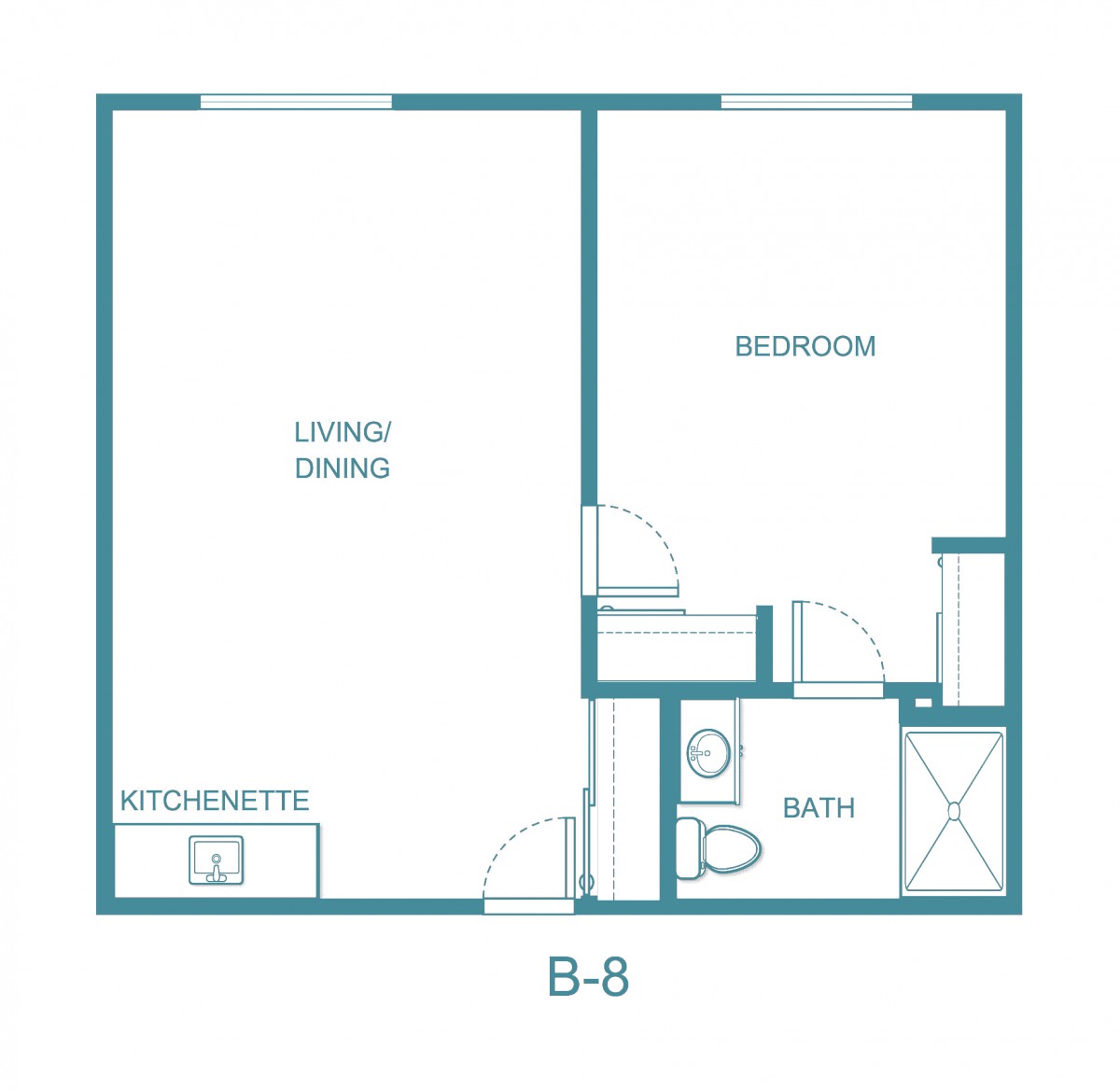 A simple floor plan of a one-bedroom apartment featuring a kitchenette, living room, and bathroom.