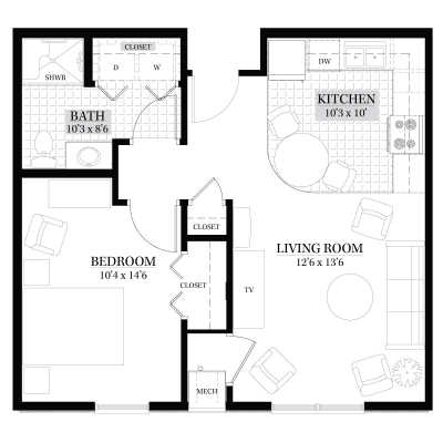 A simple one-bedroom apartment floor plan including a living room, kitchen, and bathroom.