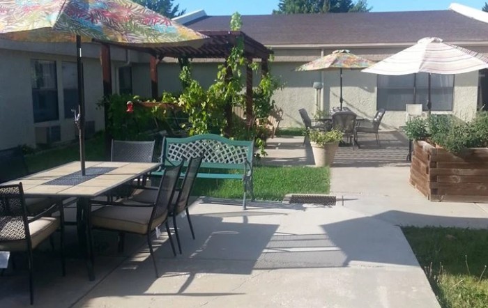 A sunny backyard patio with tables, chairs, and umbrellas.