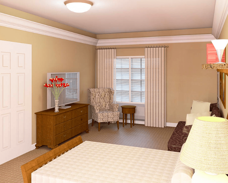 A cozy bedroom interior featuring a bed, armchair, and a dresser with decorative flowers.