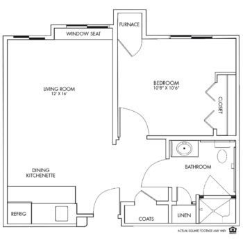 A floor plan of an apartment showing the arrangement of rooms including a living room, kitchen, bedroom, and bathroom.