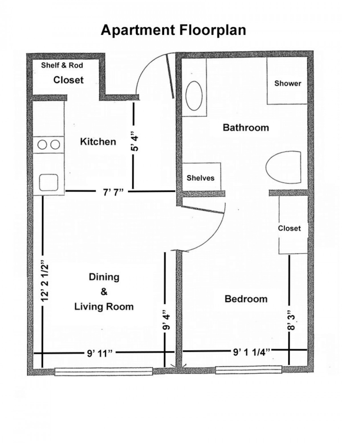 A floor plan of a one-bedroom apartment featuring a kitchen, bathroom, and combined dining and living room area.