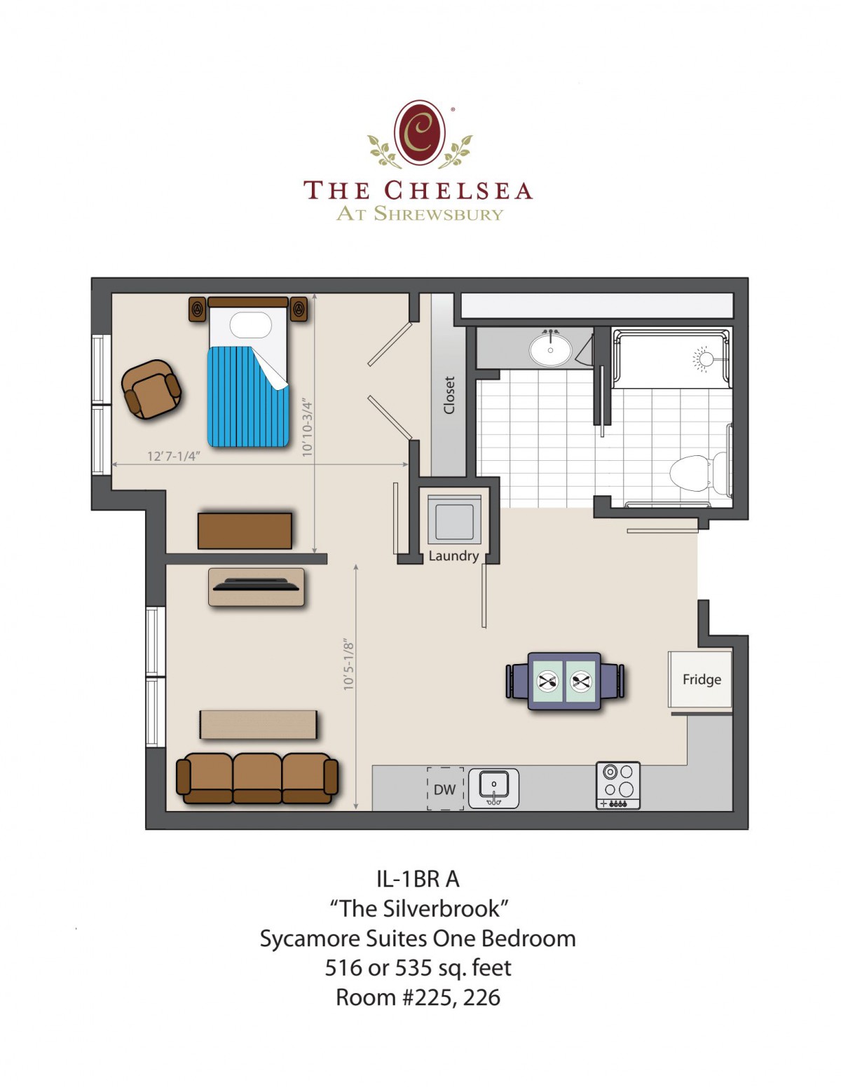 Floor plan of a one-bedroom apartment at The Chelsea.