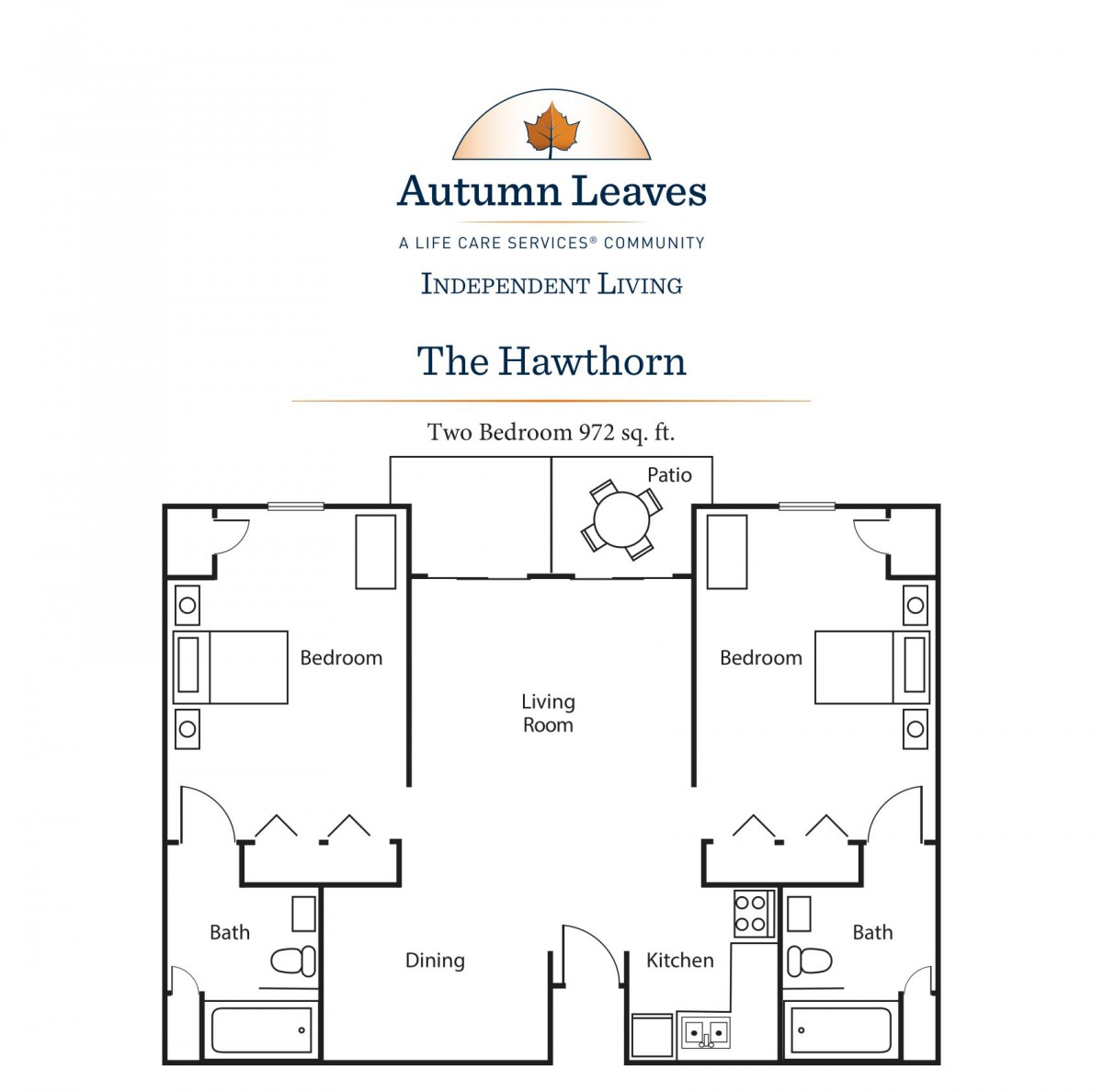 Floor plan of The Hawthorn apartment with two bedrooms, living room, and kitchen.