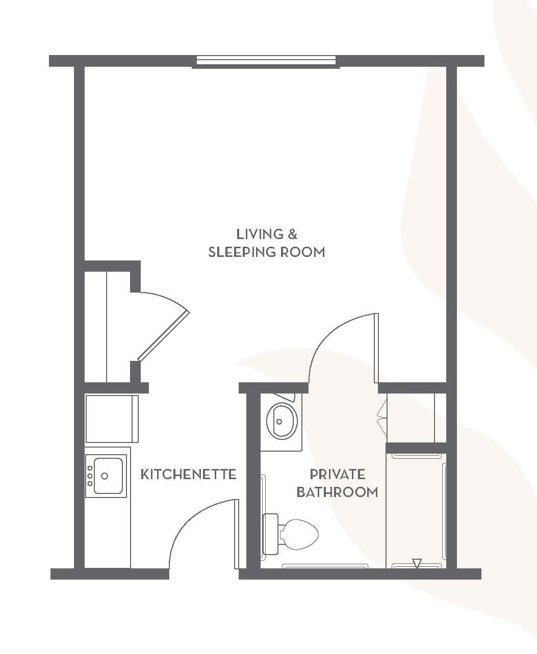 A floor plan of a studio apartment featuring a combined living and sleeping area, a kitchenette, and a private bathroom.