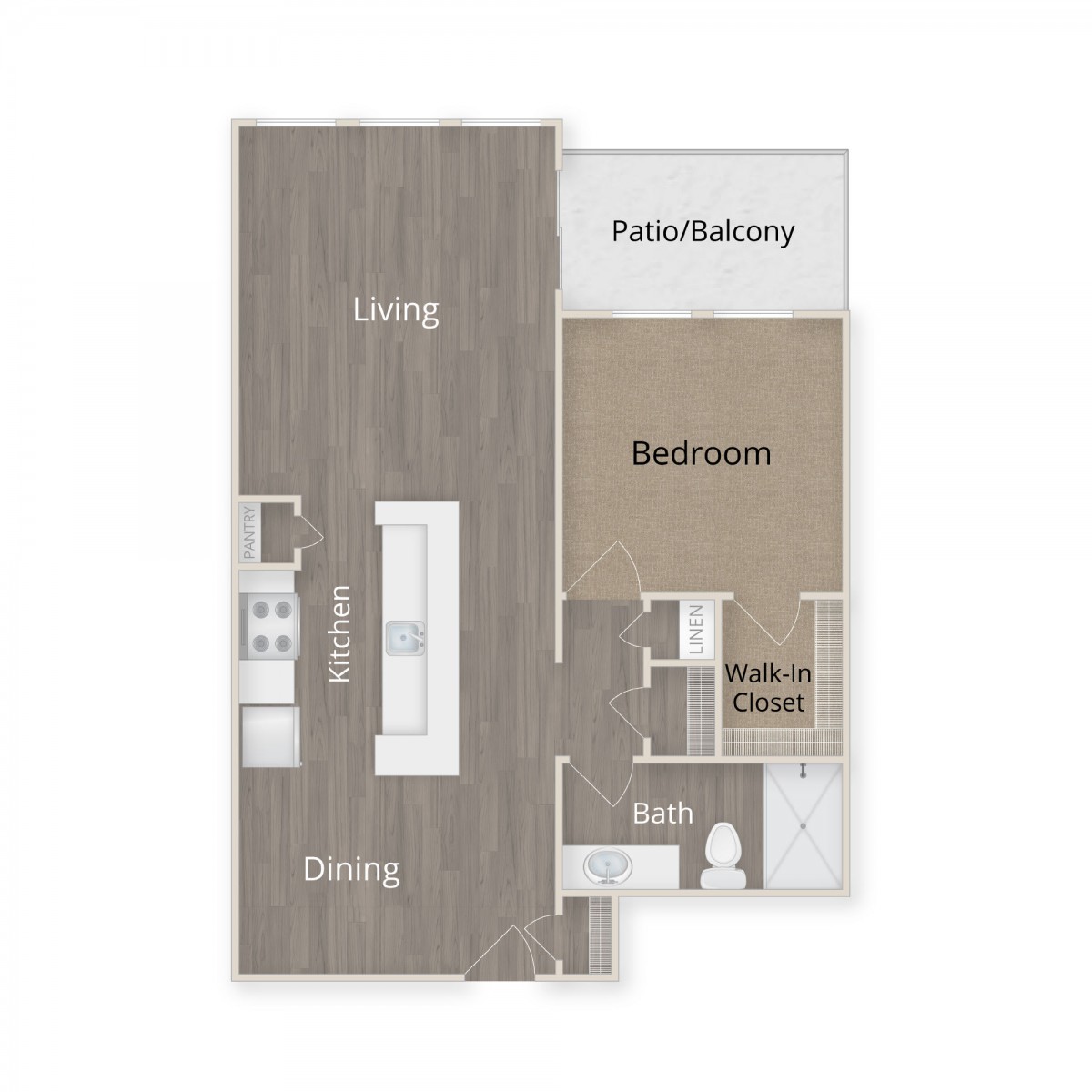 A floor plan of a one-bedroom apartment featuring a patio balcony, living area, kitchen, and bathroom.