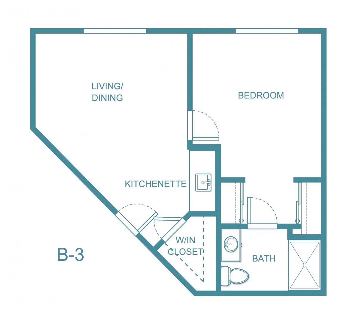 A floor plan of a one-bedroom apartment with living/dining area, kitchenette, bathroom, and closet.