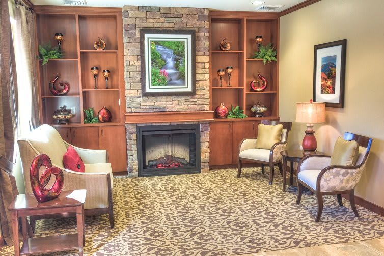 A cozy living room with a fireplace, surrounded by shelves and comfortable seating.