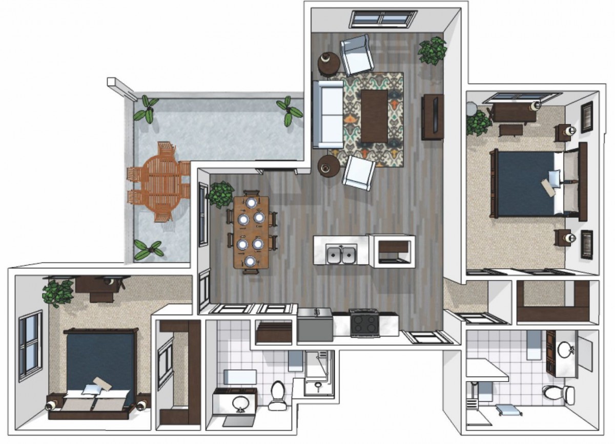 A detailed floor plan of a two-bedroom apartment featuring a living room, kitchen, two bathrooms, and a balcony.