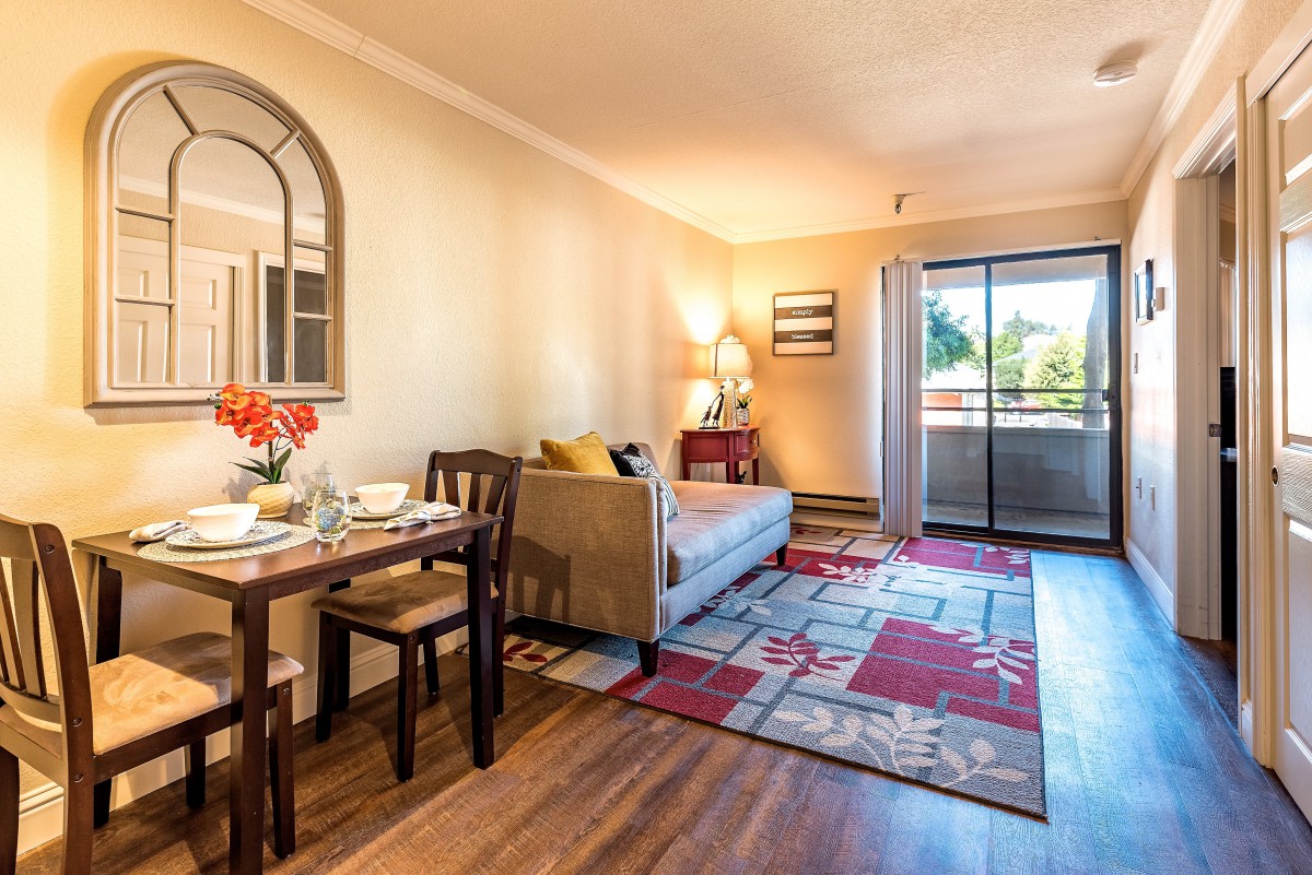 A cozy living room with a dining area, featuring a sofa, table and chairs, decorative rug, and natural light from a sliding glass door.