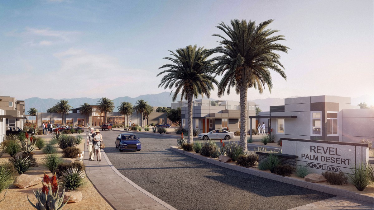 A suburban street lined with palm trees, showcasing modern architecture and a few people walking along the sidewalk.
