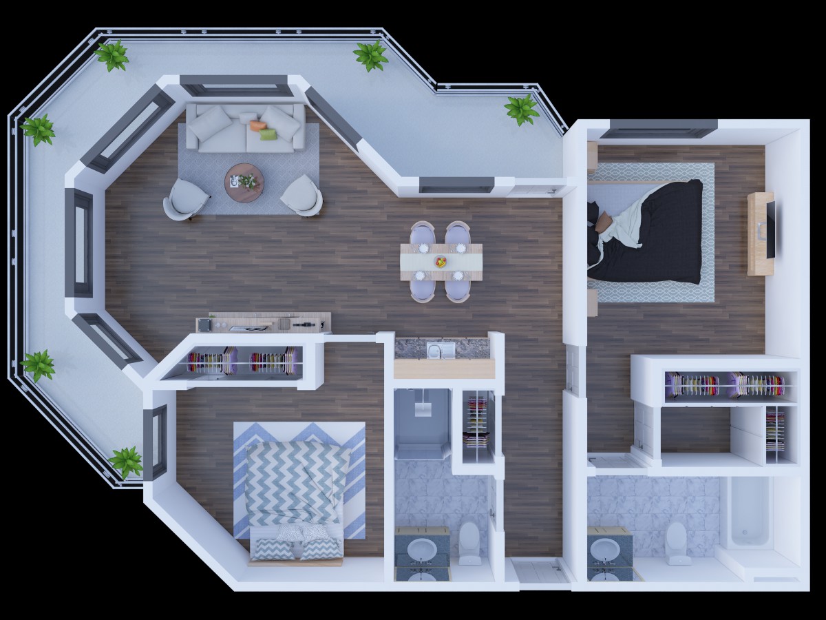 A detailed floor plan showcasing an apartment with a living room, two bedrooms, and a kitchen.