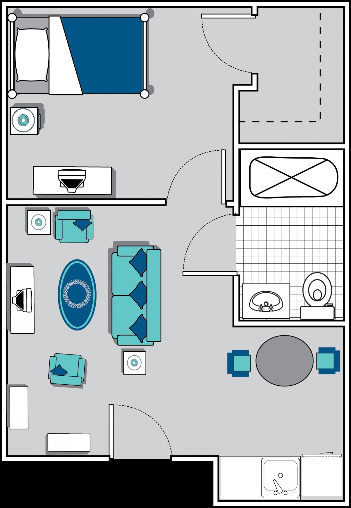 A floor plan of an apartment showing a living room, bedroom, and bathroom with furniture arrangement.