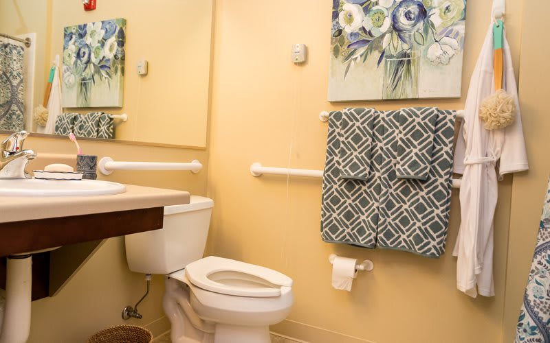 A well-lit bathroom with a toilet, sink, and decorative towel and wall art.
