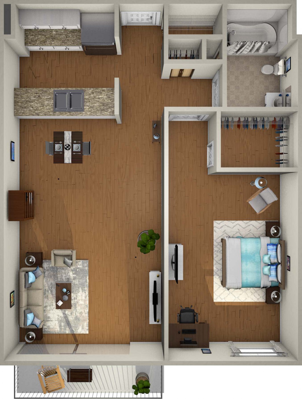 A detailed floor plan showcasing a modern home layout with designated spaces for a bedroom, living room, and office.