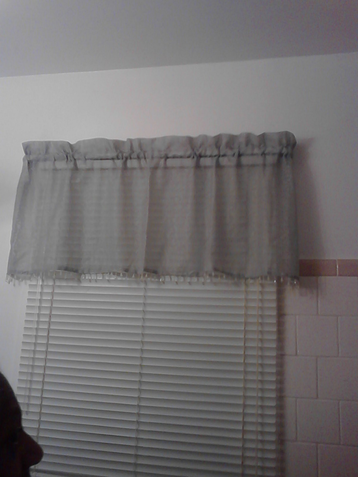 A window with blinds and a sheer curtain valance.