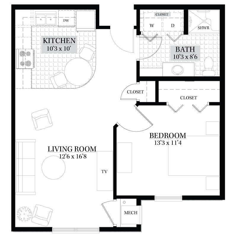 A floor plan of a one-bedroom apartment featuring a kitchen, living room, and bathroom.