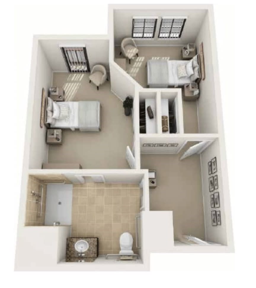 A 3D floor plan of an apartment with two bedrooms and a bathroom.