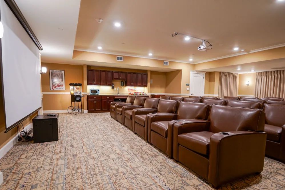 A cozy home theater with leather seating and ambient lighting.