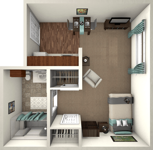 Top-down view of a one-bedroom apartment layout featuring a living room, dining area, kitchen, and bathroom.