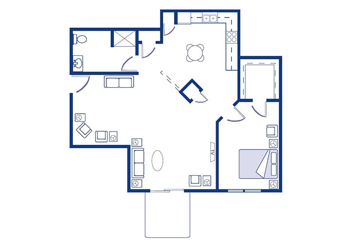 A simple floor plan depicting a residential space with distinct living, dining, kitchen, and bedroom areas.