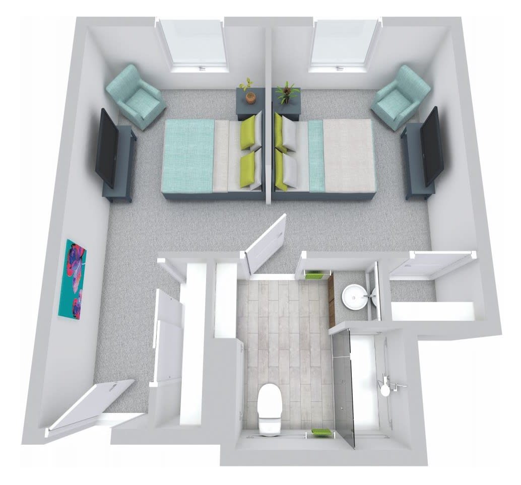 A 3D floor plan of a two-bedroom apartment with modern furniture and shared amenities.