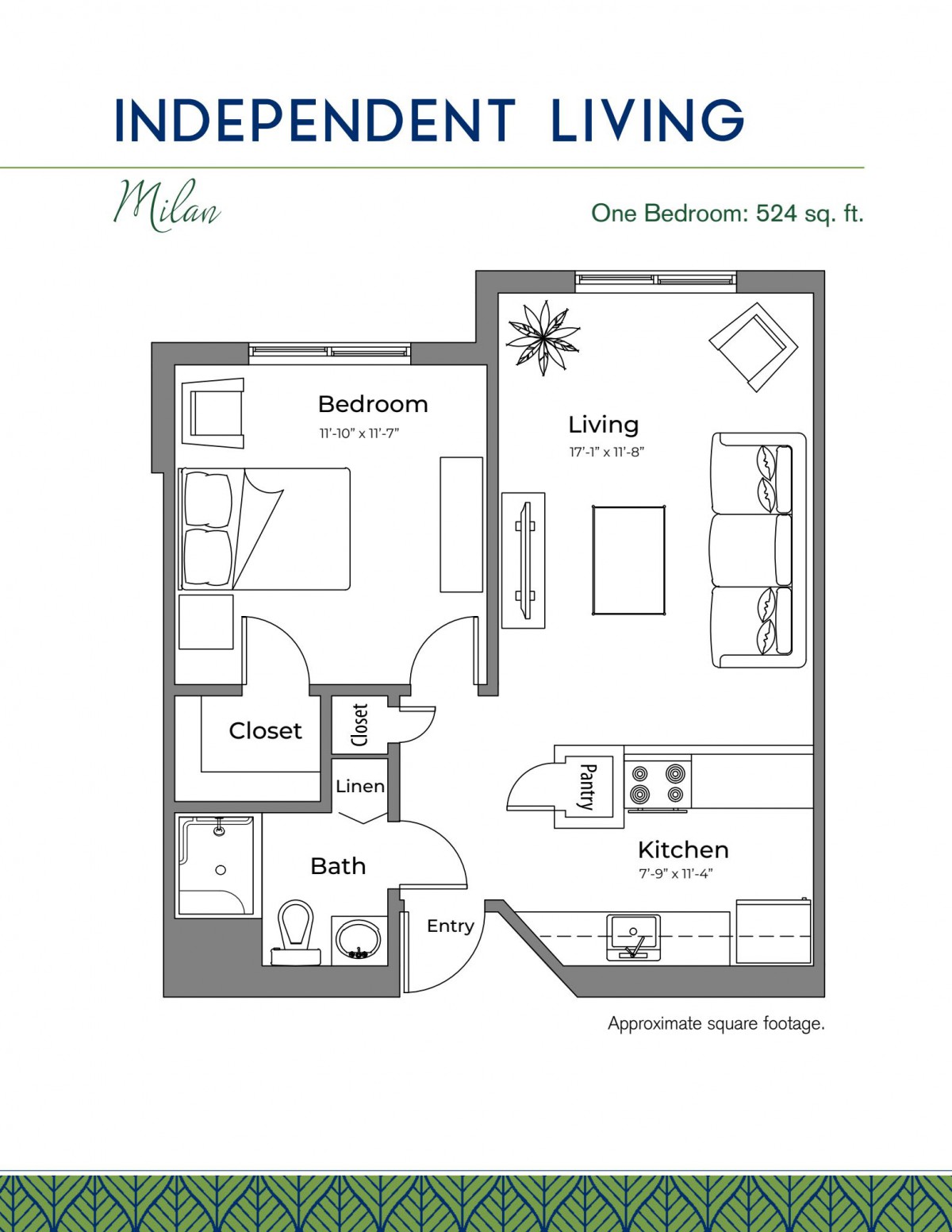 One-bedroom apartment floor plan with living, kitchen, bathroom, and closet.