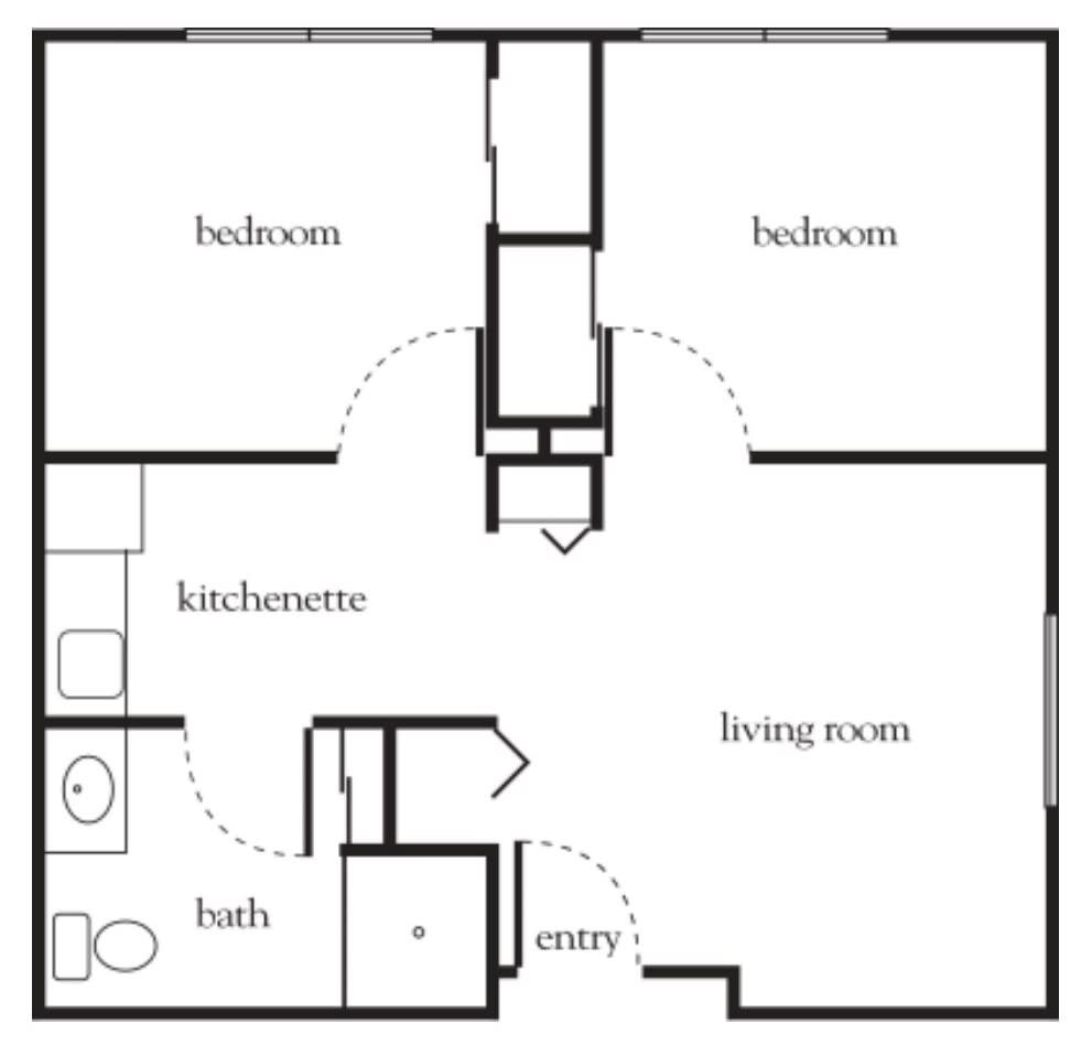 A floor plan of an apartment featuring bedrooms, a kitchen, a living room, and a bathroom.