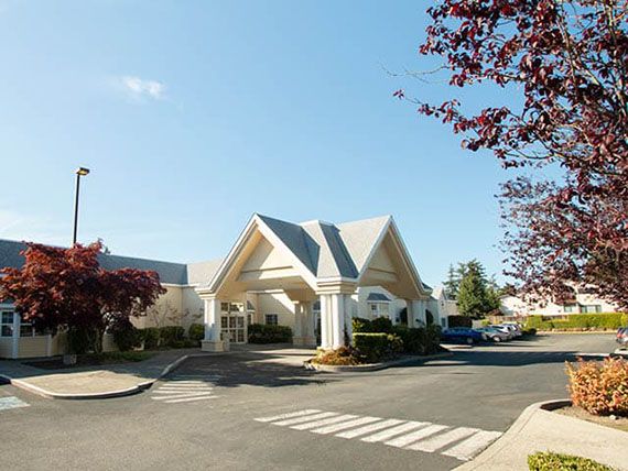 A sunny day at the entrance of a white building with a driveway and surrounding trees.