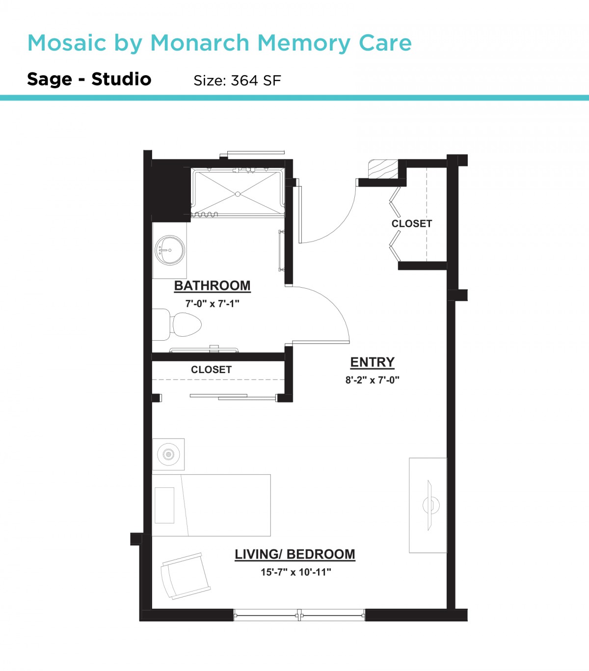 Floor plan of a Sage Studio, measuring 364 square feet.