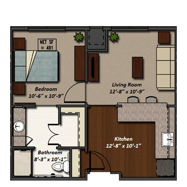 A 1-bedroom apartment floor plan featuring a living room, kitchen, and bathroom.