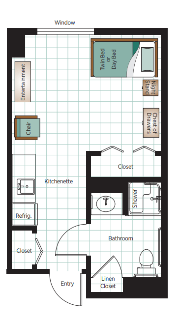 A floor plan showing the layout of an apartment with labeled rooms including a bedroom, kitchen, and bathroom.
