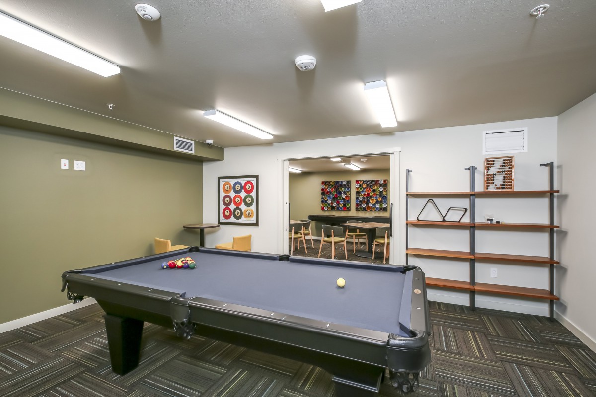 A modern game room featuring a pool table, seating area, and decorative shelving.