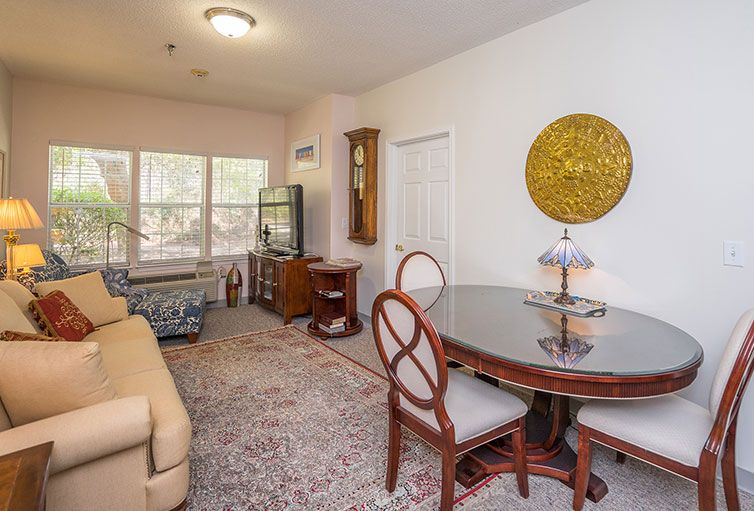 A cozy living and dining area featuring a wooden dining table, chairs, a sofa, a decorative rug, and various decor elements.
