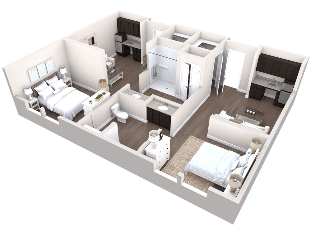 3D floor plan of a two-bedroom apartment with a central bathroom, kitchen, and living area.