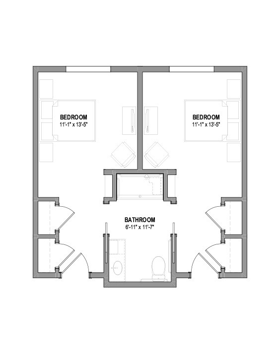 A simple floor plan layout featuring two bedrooms and a central bathroom.