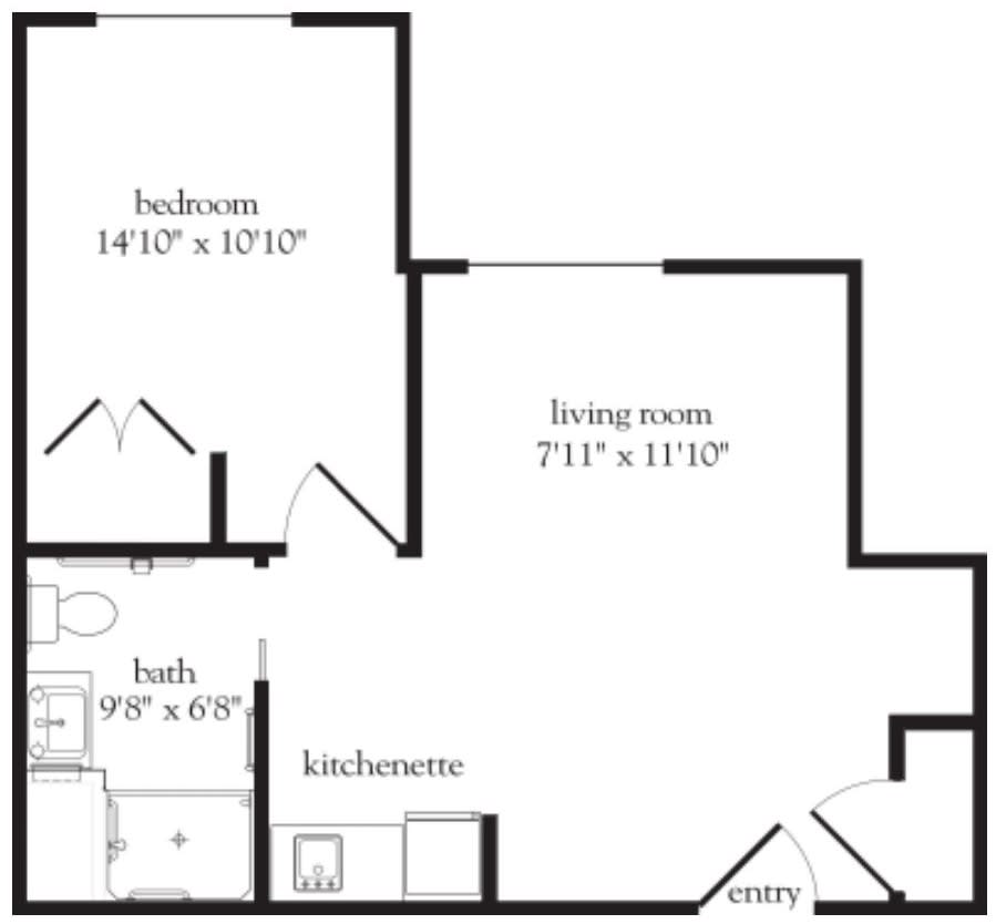 A floor plan of a one-bedroom apartment with labeled room dimensions.