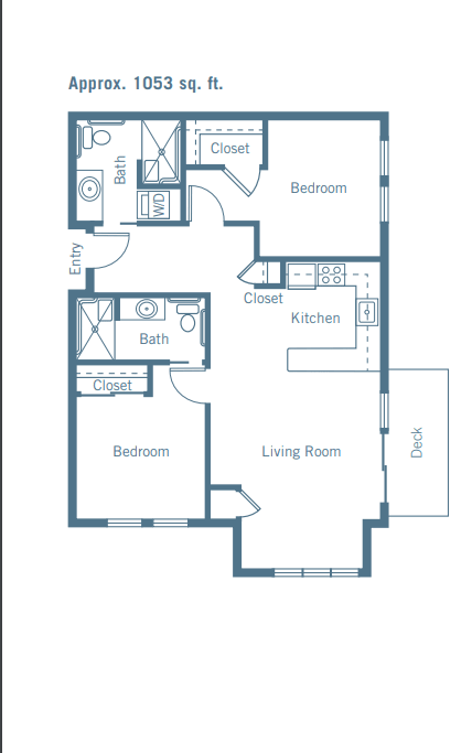 A floor plan of a two-bedroom apartment with a kitchen, living room, bathroom, and closets.
