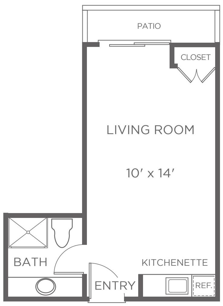 Floor plan of a small apartment featuring a living room, bathroom, kitchenette, and closet.