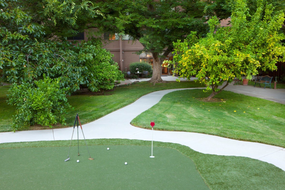 A small outdoor putting green with surrounding greenery and a winding pathway.
